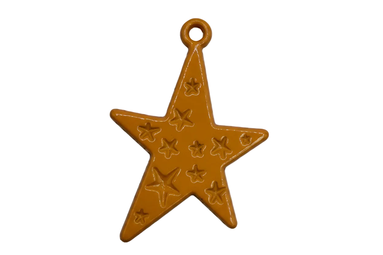 Glossy orange star charm with embossed mini-star pattern and smooth finish