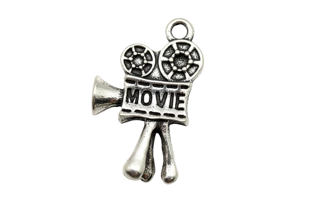 Antique silver movie camera charm with film reels and raised “MOVIE” text