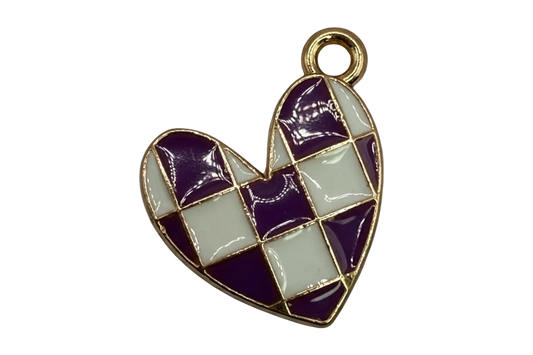 Purple and white checkered heart charm with glossy enamel and gold outline