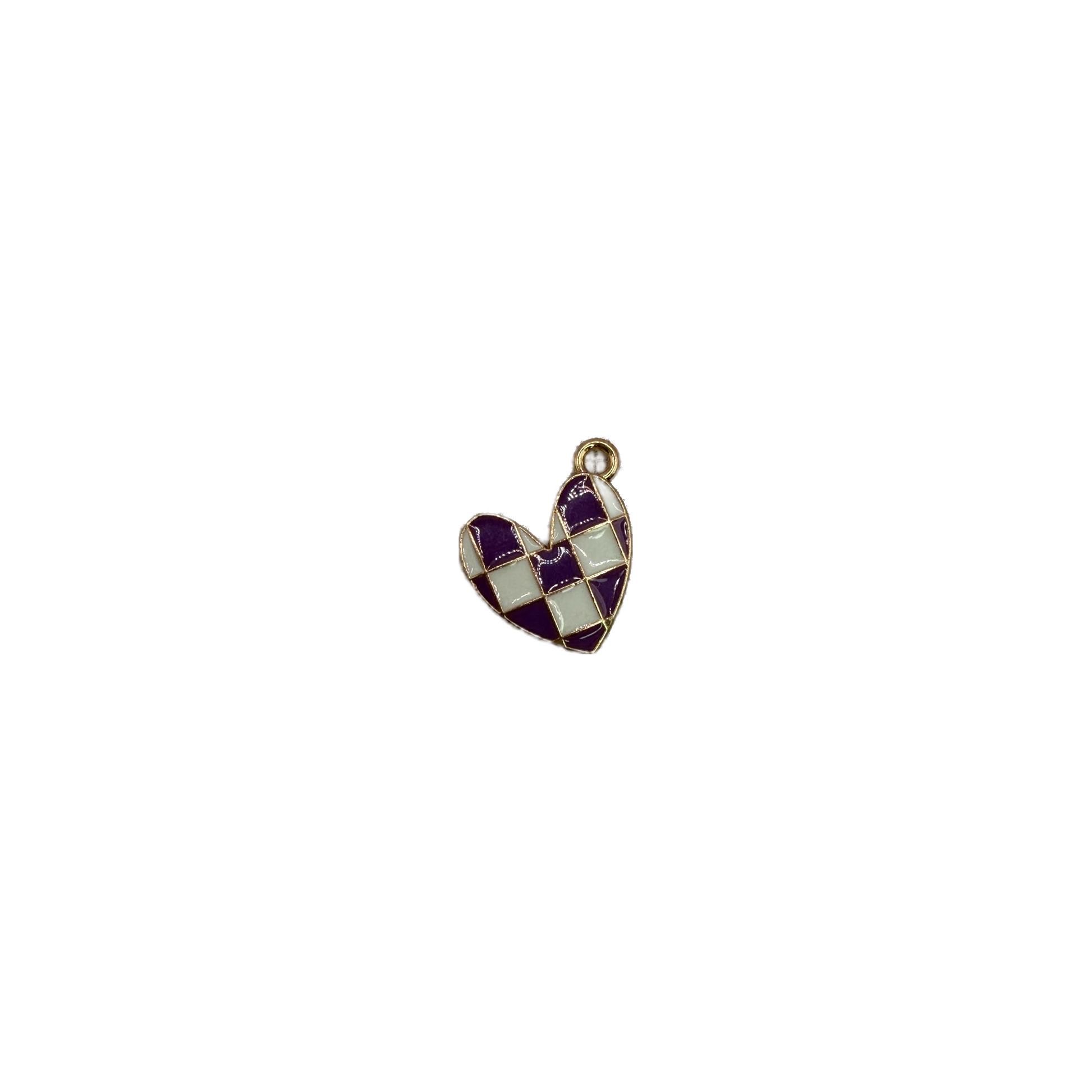 Purple and white checkered heart in glossy enamel with gold outline