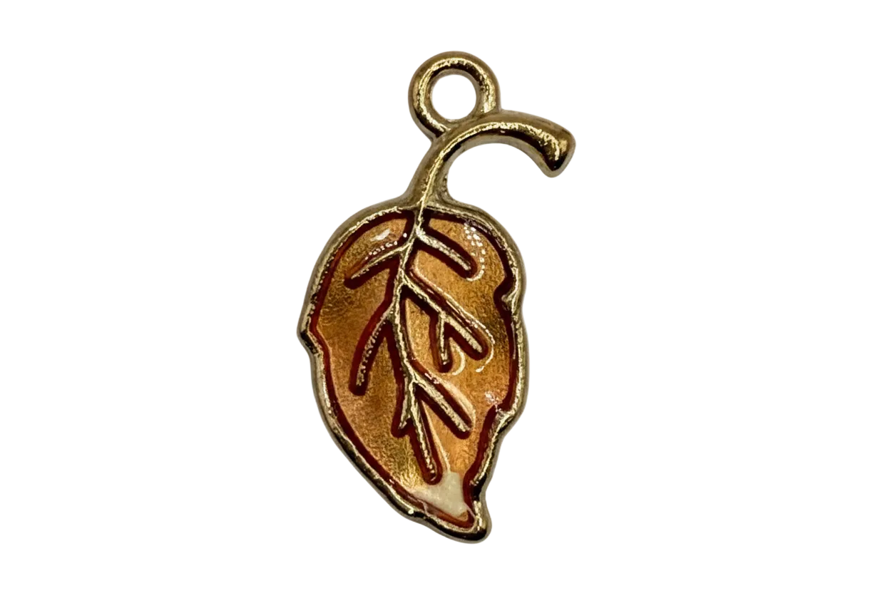 Gold-outlined leaf pendant with glossy brown enamel and vein detailing