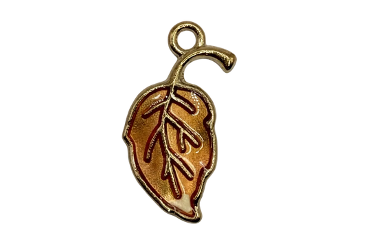 Gold-outlined leaf pendant with glossy brown enamel and vein detailing