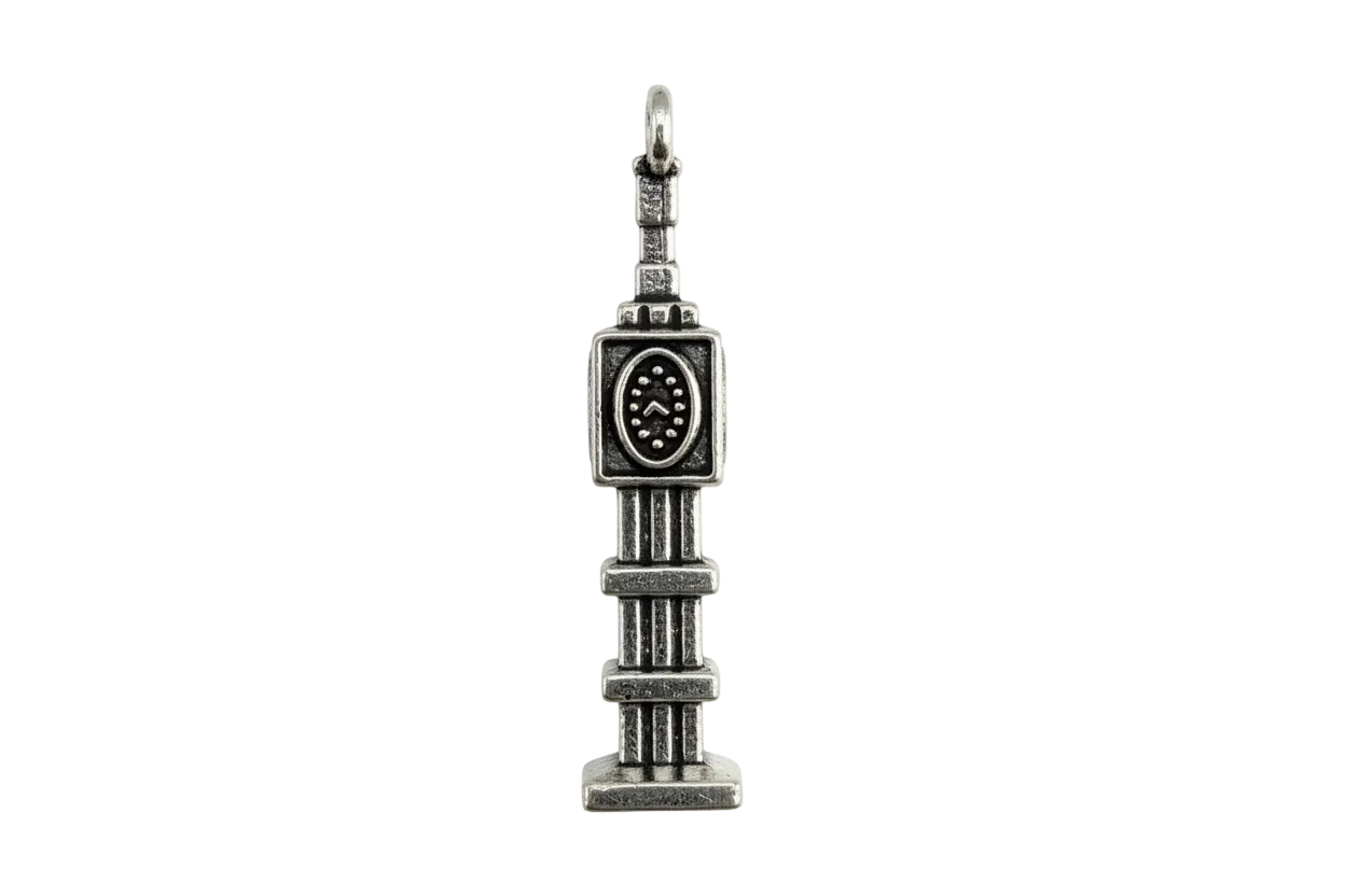 Antiqued silver clock tower charm with raised oval clock-face detail