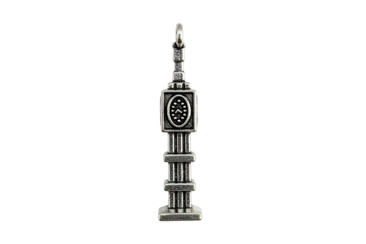 Antiqued silver clock tower charm with raised oval clock-face detail