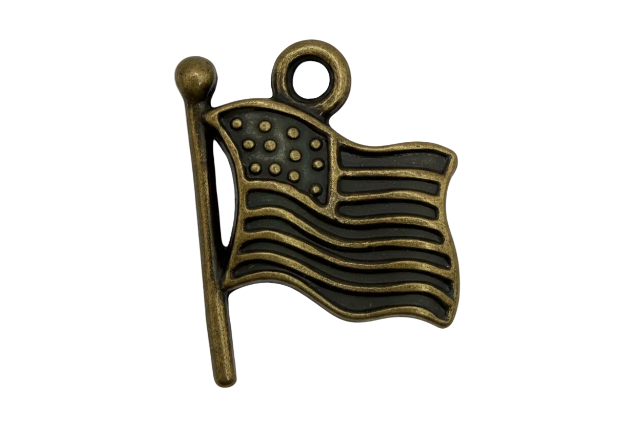 Antique gold waving stars-and-stripes flag charm with black enamel detailing