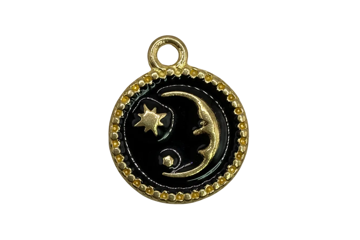 Round black enamel medallion with gold crescent moon, star, and beaded border