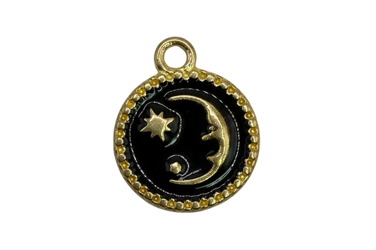 Round black enamel medallion with gold crescent moon, star, and beaded border