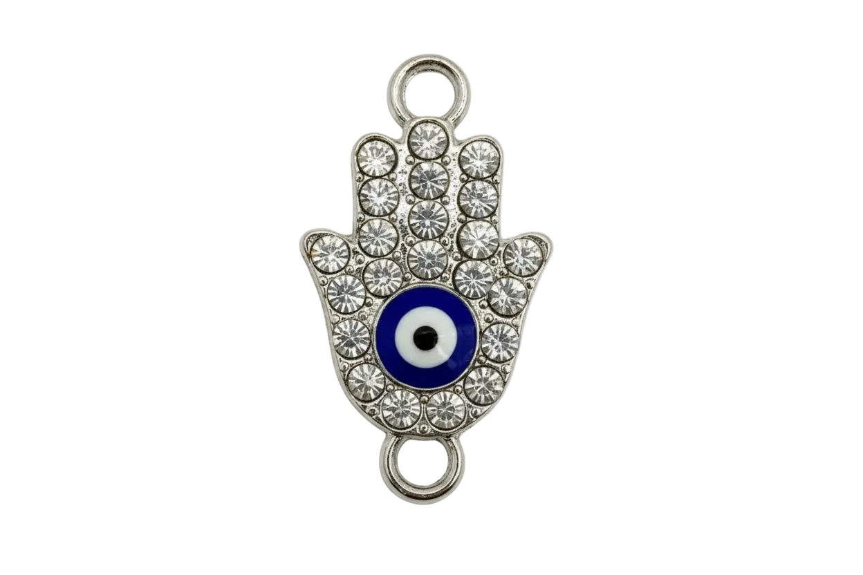 Silver pavé hamsa hand charm with clear crystals and blue evil eye enamel center