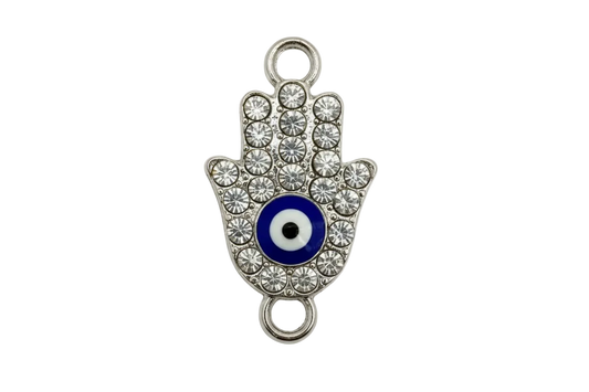 Silver pavé hamsa hand charm with clear crystals and blue evil eye enamel center