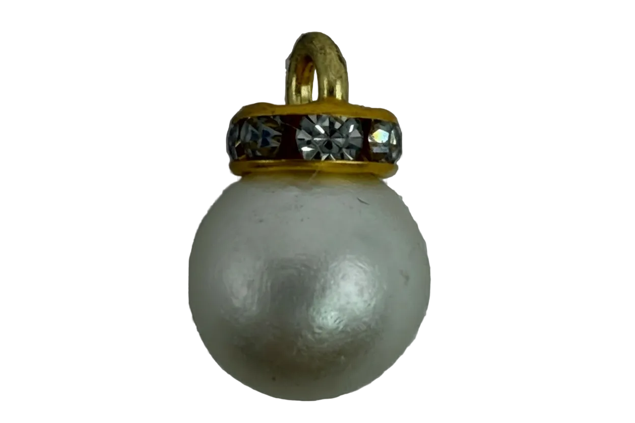 White pearl sphere with gold cap and clear crystal band