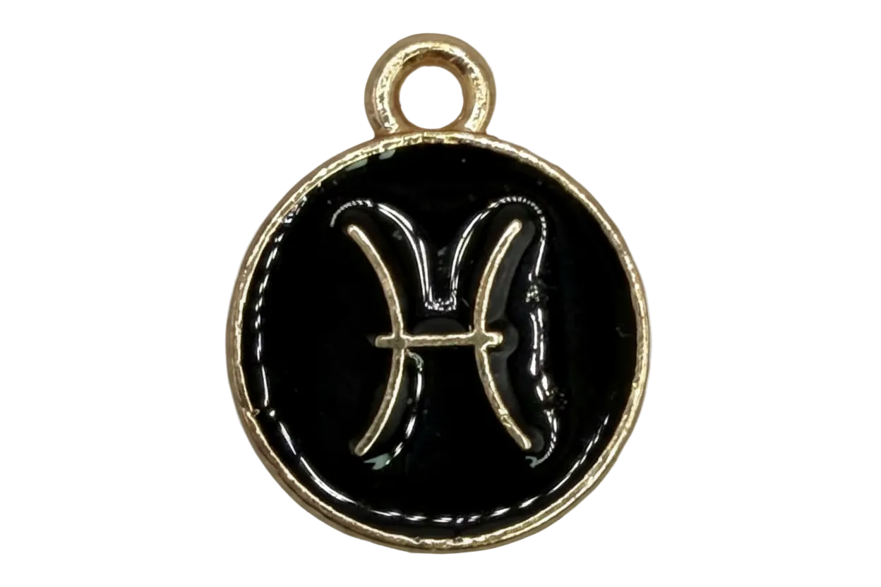 Black enamel round disc with gold Pisces zodiac symbol and gold rim
