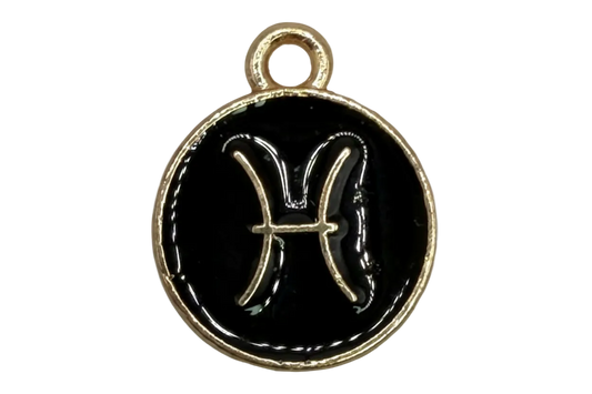 Black enamel round disc with gold Pisces zodiac symbol and gold rim