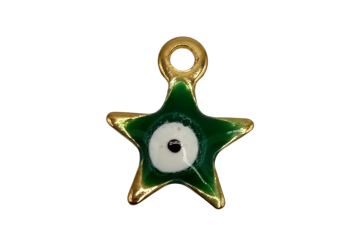 Green enamel star with white center and black number 6 detail in a gold frame