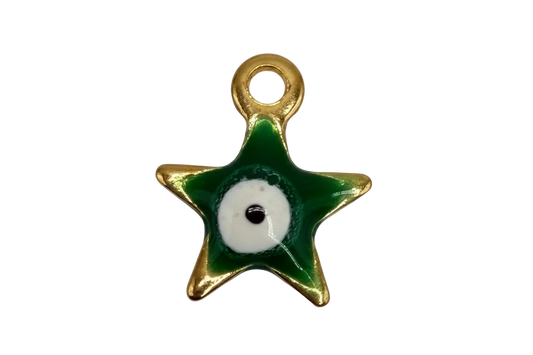 Green enamel star with white center and black number 6 detail in a gold frame