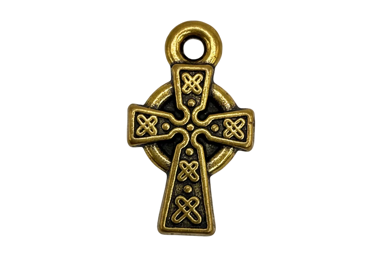 Antiqued gold Celtic knot cross charm with blackened details and circular halo