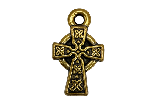 Antiqued gold Celtic knot cross charm with blackened details and circular halo