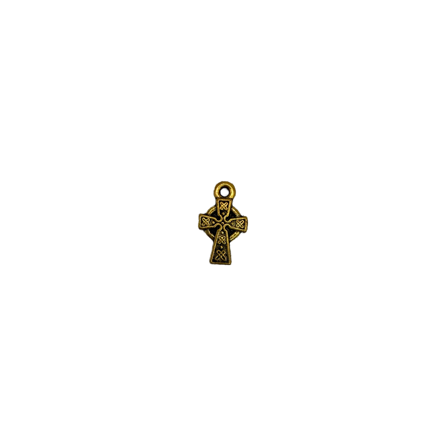 Antiqued gold Celtic knot cross with blackened details