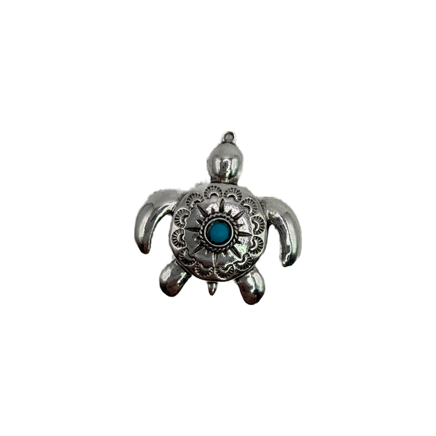 Engraved silver-tone sea turtle with turquoise center gem