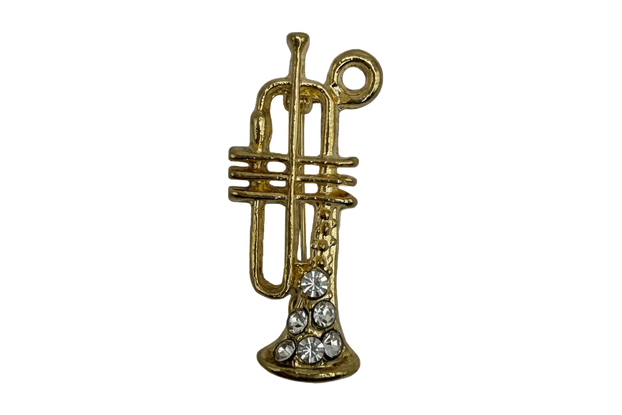 Gold trumpet charm with clear crystal accents on the bell