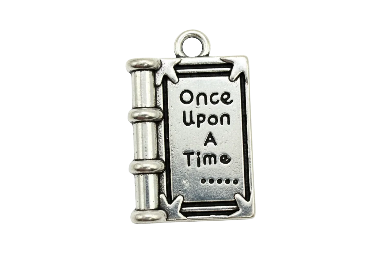 Antiqued silver storybook charm with raised “Once Upon a Time” text