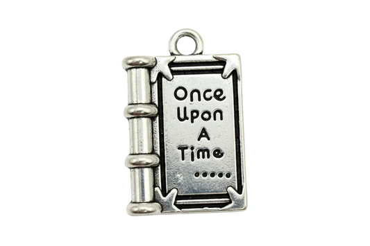 Antiqued silver storybook charm with raised “Once Upon a Time” text