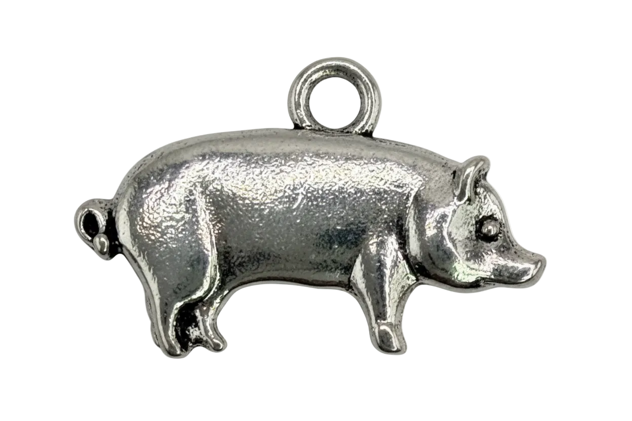 Polished silver-tone mini pig silhouette charm with rounded body and snout