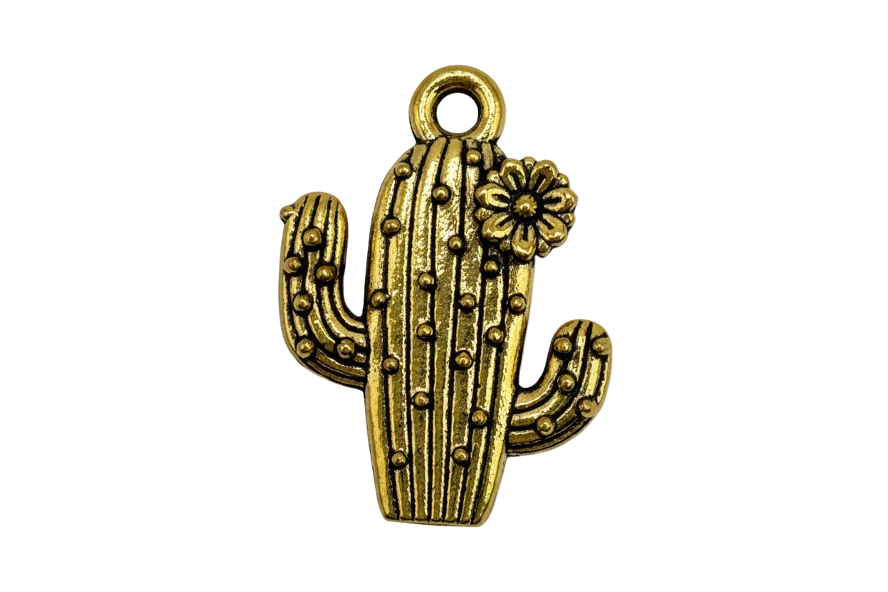 Gold cactus charm with textured ridges, dotted details, and a small flower accent