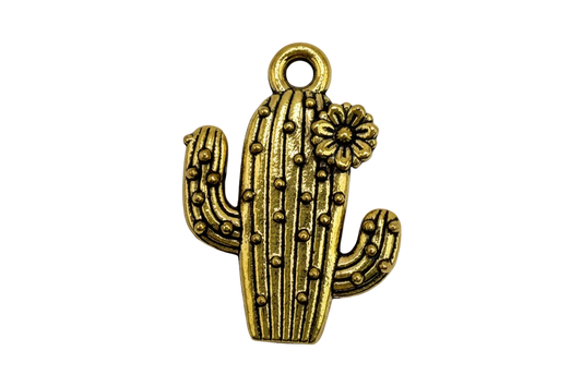 Gold cactus charm with textured ridges, dotted details, and a small flower accent