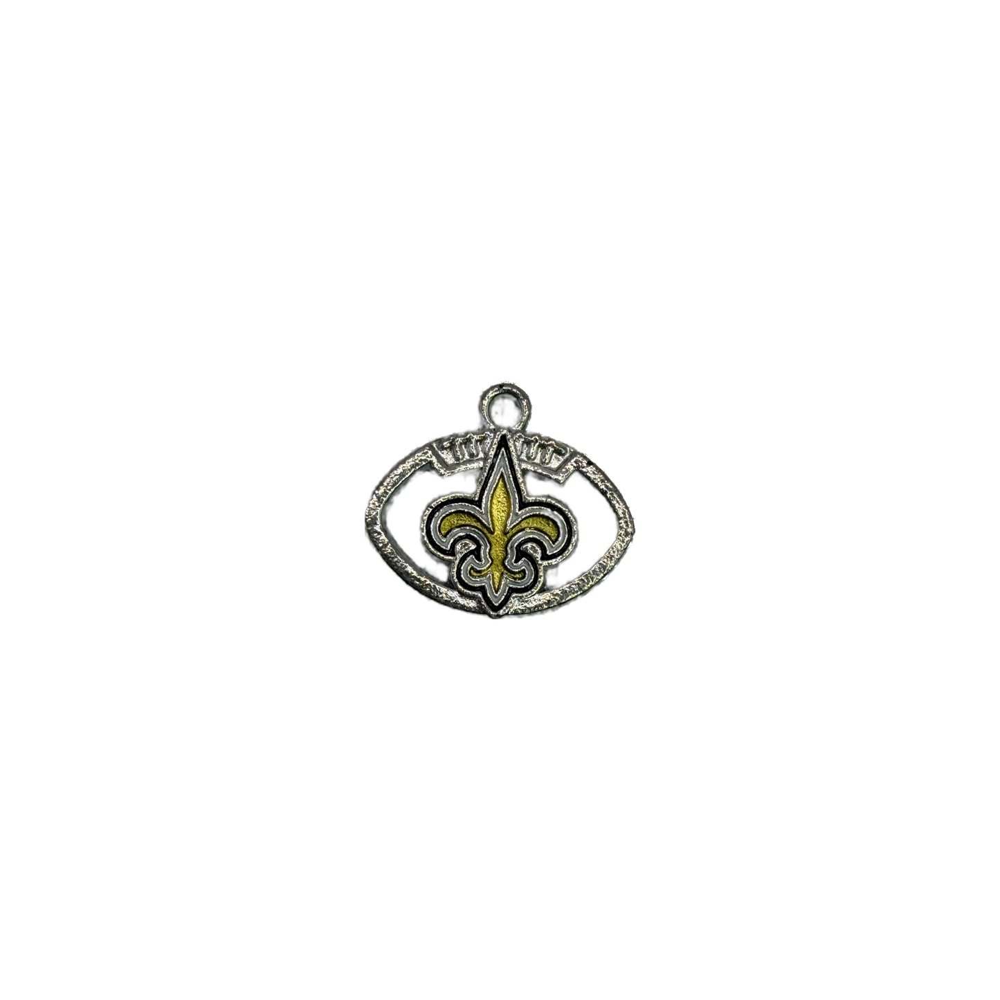 Silver oval emblem with gold fleur-de-lis and raised lettering