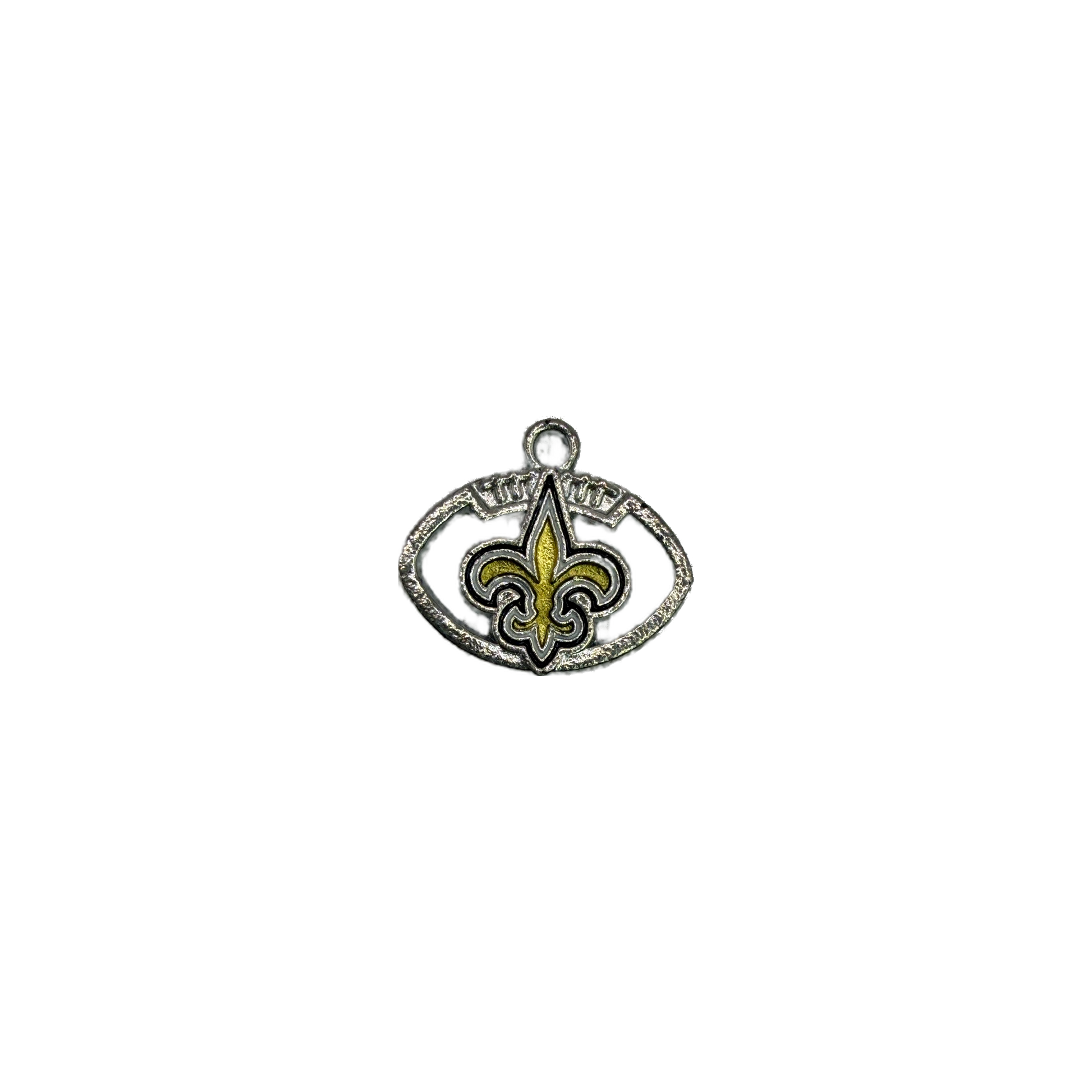 Silver oval emblem with gold fleur-de-lis and raised lettering