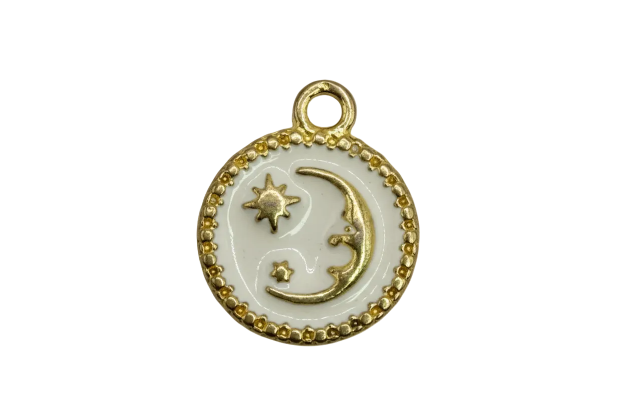 White enamel round medallion with gold crescent moon and star details and textured gold border