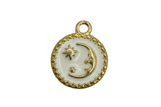 White enamel round medallion with gold crescent moon and star details and textured gold border