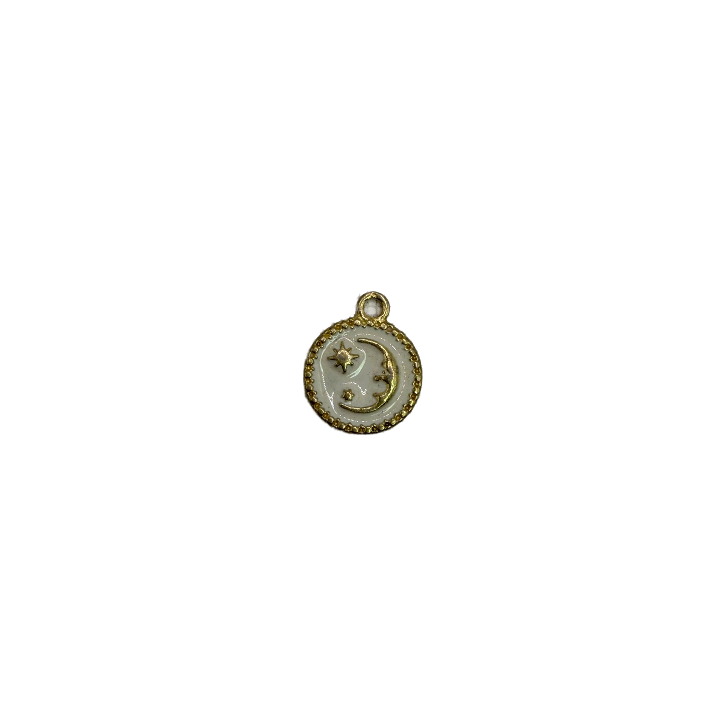White medallion with gold crescent moon and stars