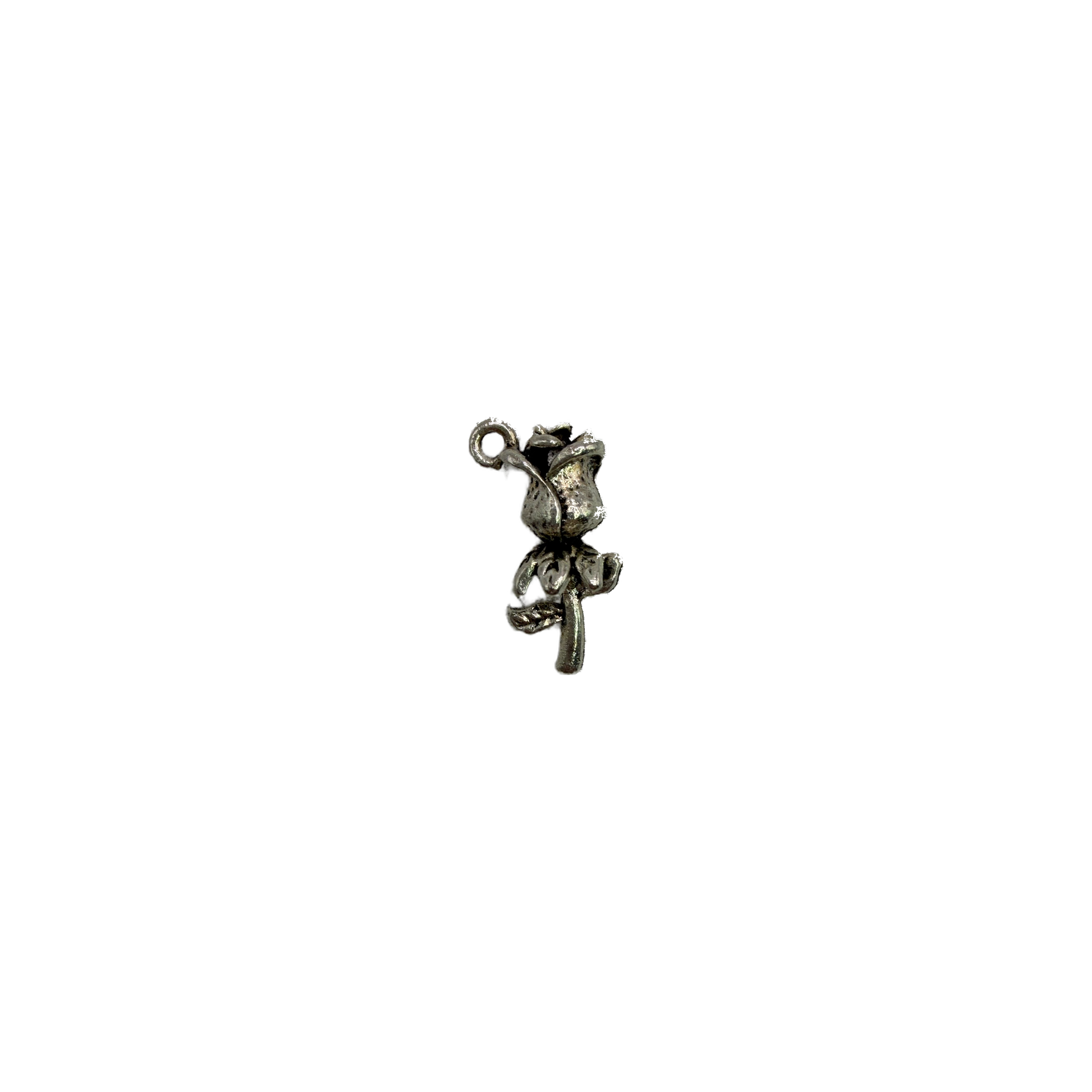 Antique silver rosebud flower charm with oxidized detail