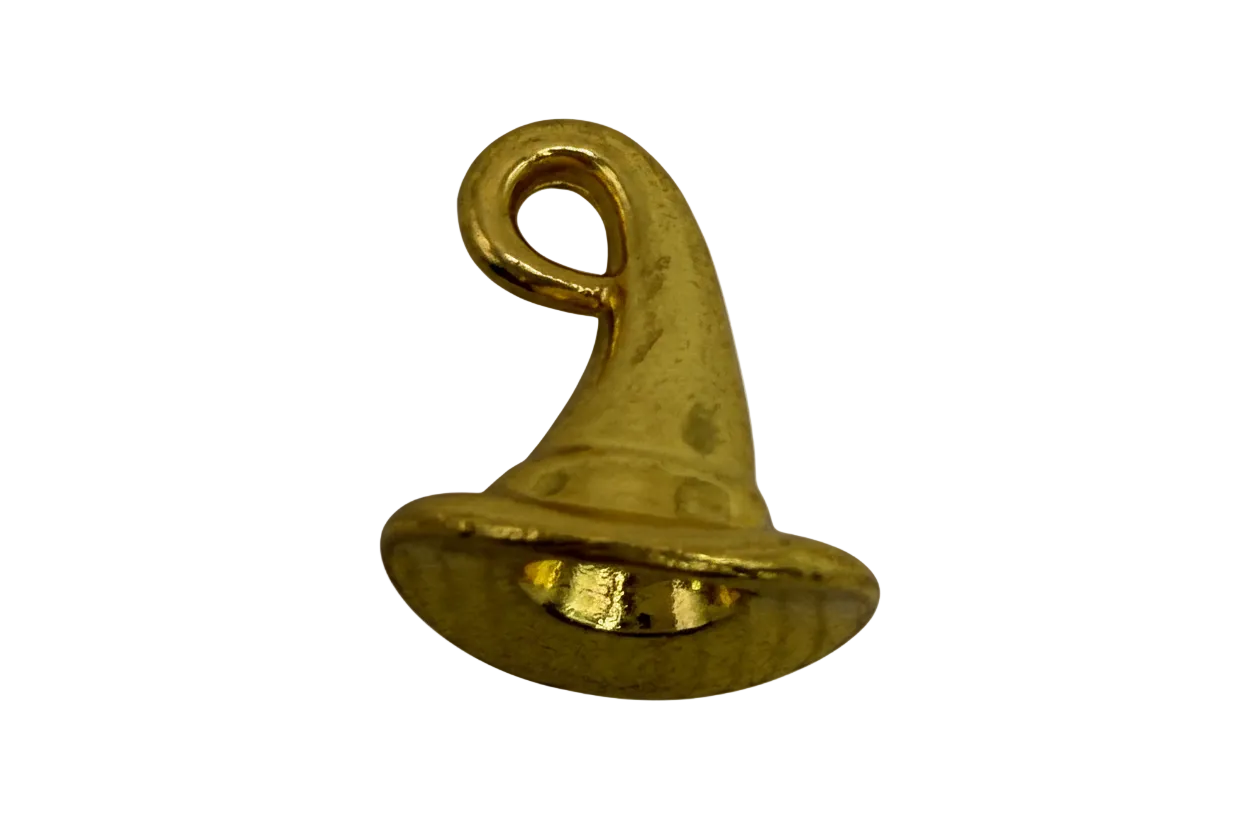 Gold witch hat charm with curled tip and wide brim, antique-style finish