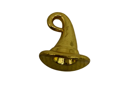 Gold witch hat charm with curled tip and wide brim, antique-style finish