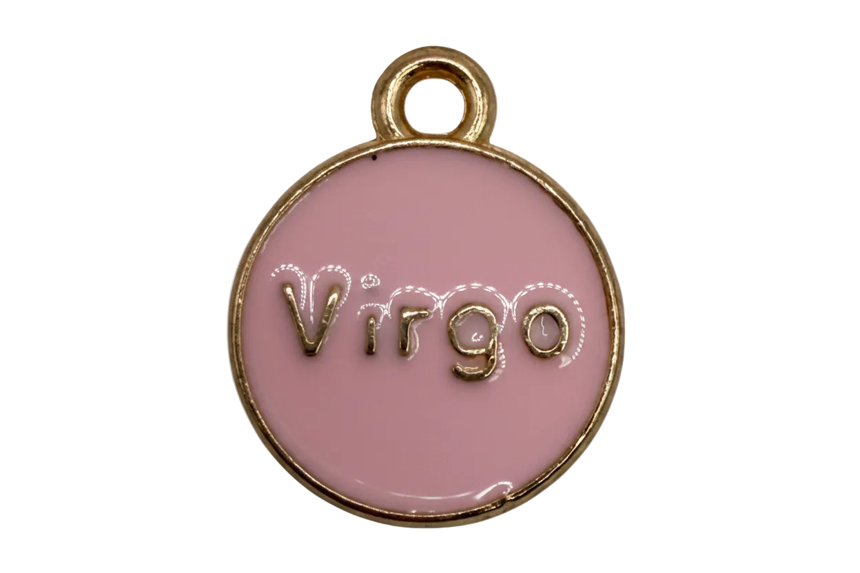 Glossy pink enamel round disc with raised gold Virgo lettering and gold rim