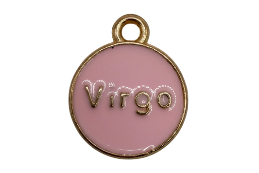 Glossy pink enamel round disc with raised gold Virgo lettering and gold rim