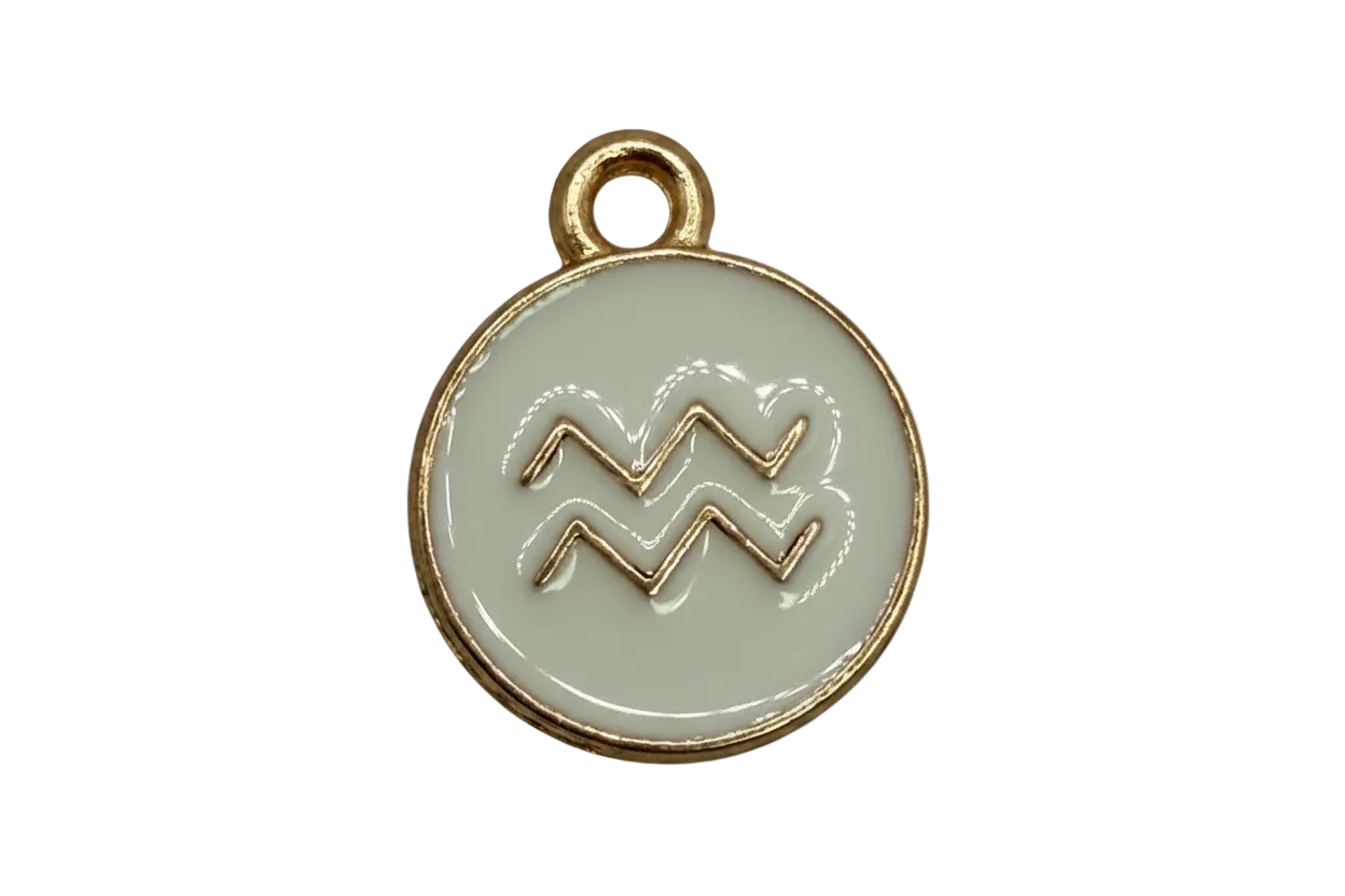 White enamel round coin with raised gold Aquarius wave symbol