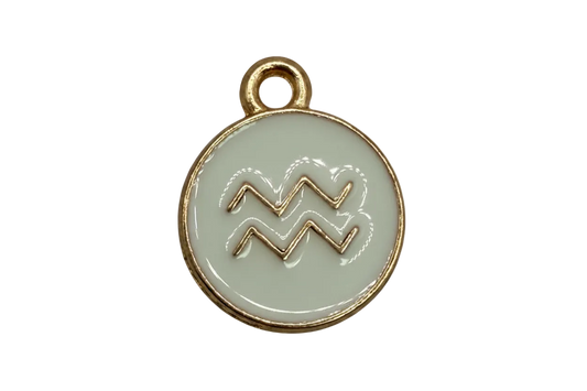 White enamel round coin with raised gold Aquarius wave symbol