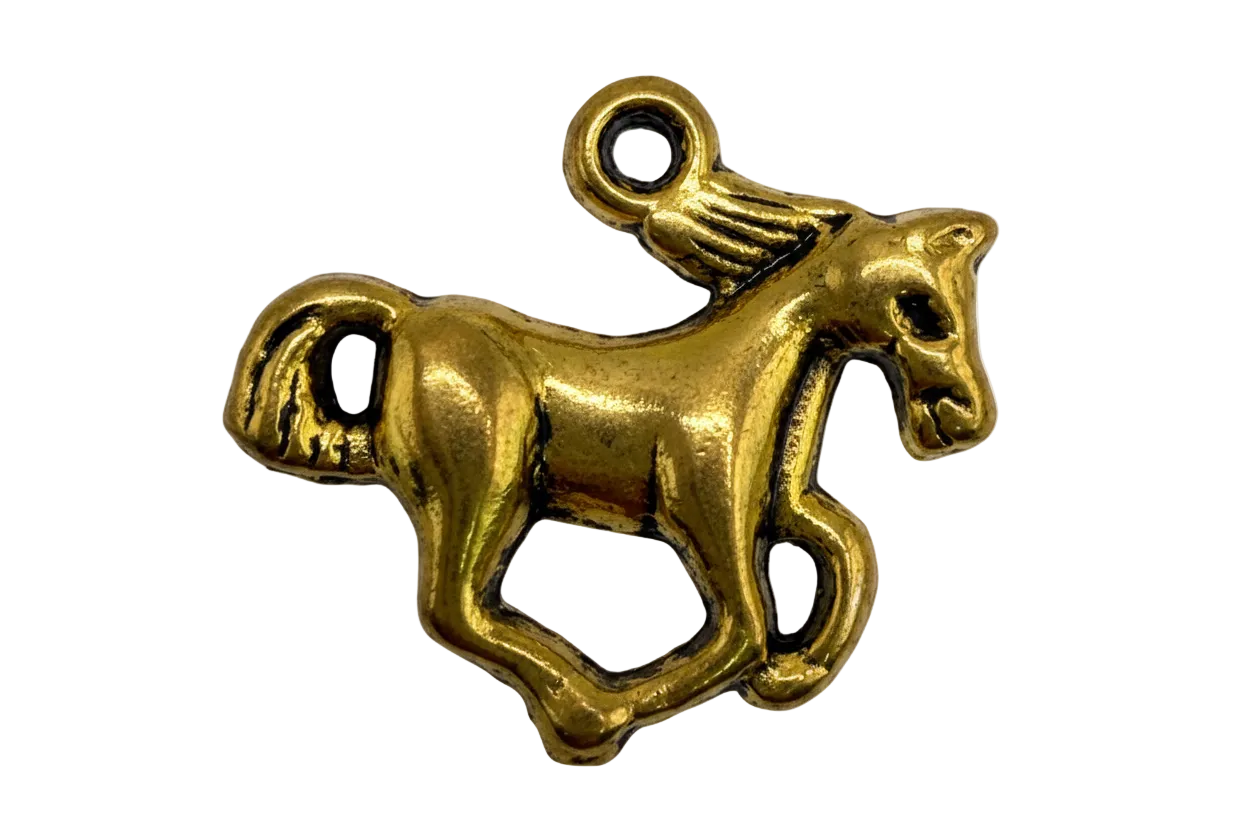 Gold horse figure charm with blackened details on a black background