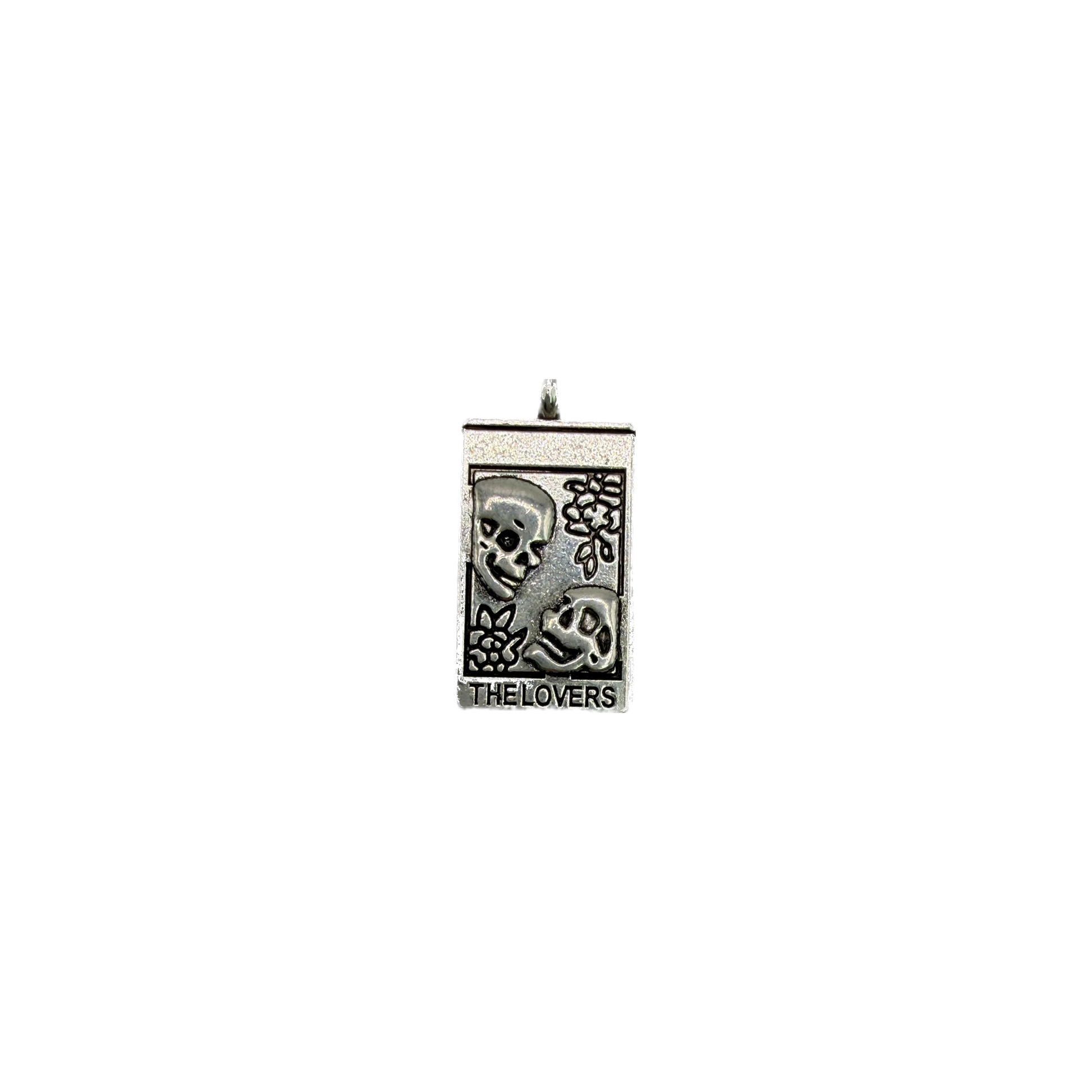 Antiqued silver “THE LOVERS” tarot card with two skull faces