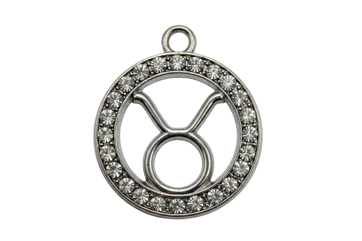 Silver-tone Taurus zodiac medallion with clear crystal border