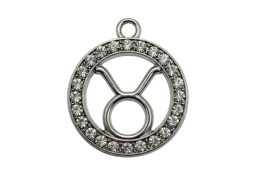 Silver-tone Taurus zodiac medallion with clear crystal border