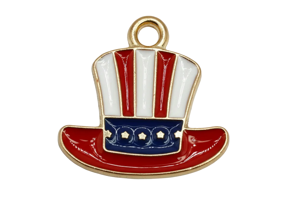 Red, white, and navy enamel top hat with gold outline and small star details