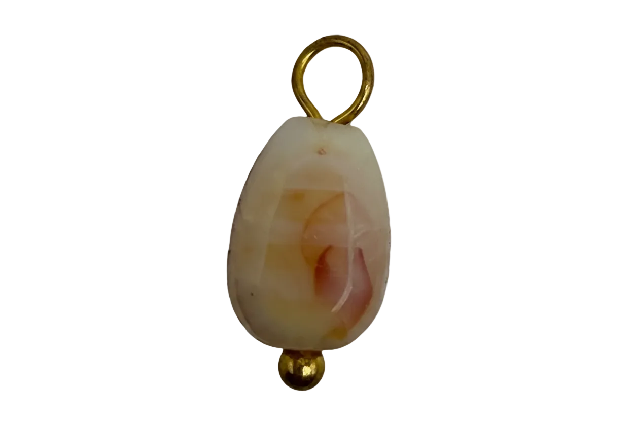 Faceted marbled teardrop gem in milky ivory with blush and amber tones, finished in gold