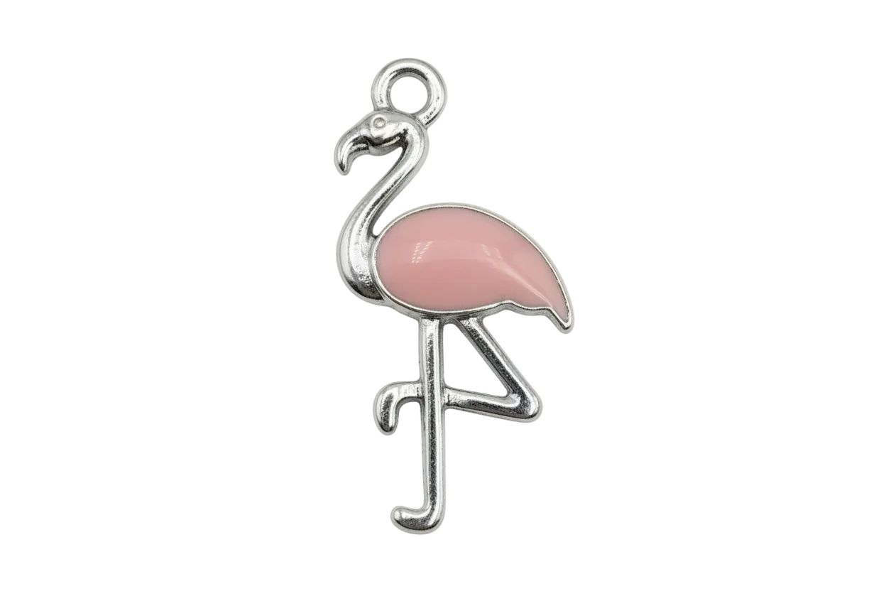 Silver flamingo charm with glossy blush pink enamel body