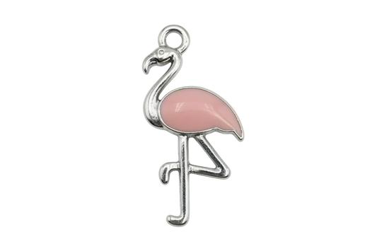 Silver flamingo charm with glossy blush pink enamel body