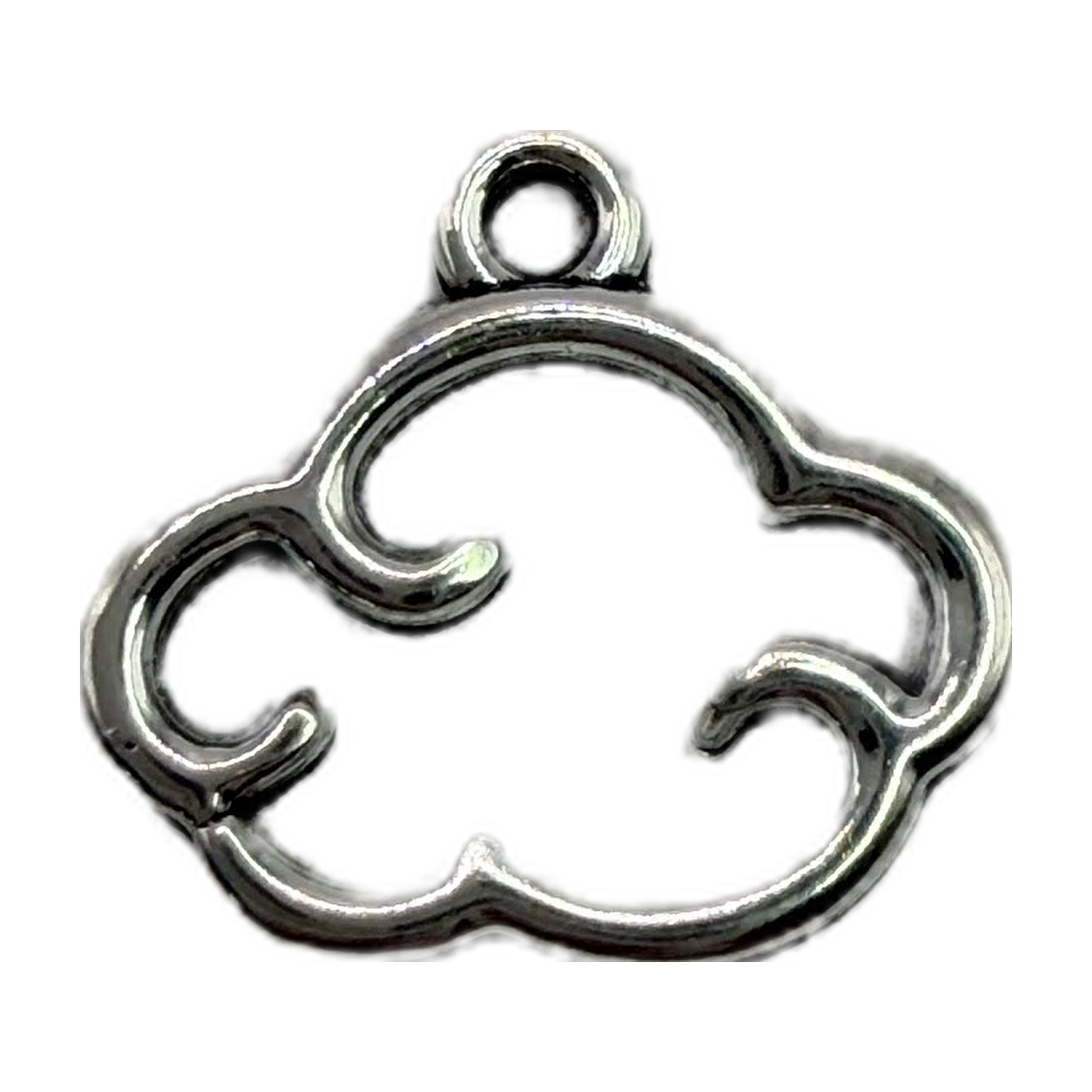 Polished silver openwork cloud outline charm with curled swirl details