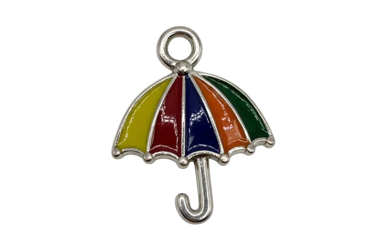 Rainbow enamel umbrella charm in silver with yellow, red, blue, orange, and green panels